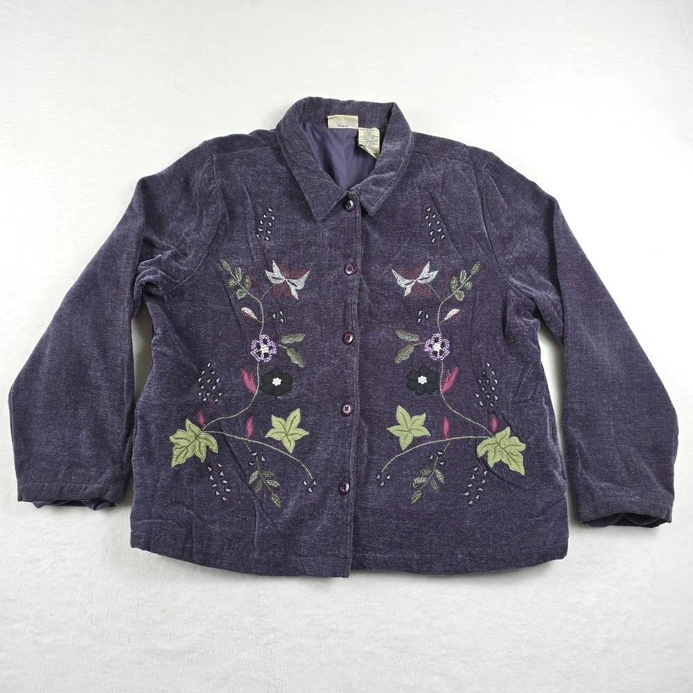 White Stag Women Purple Button-Up Sweater Size XL Collared Floral Embroidered‎